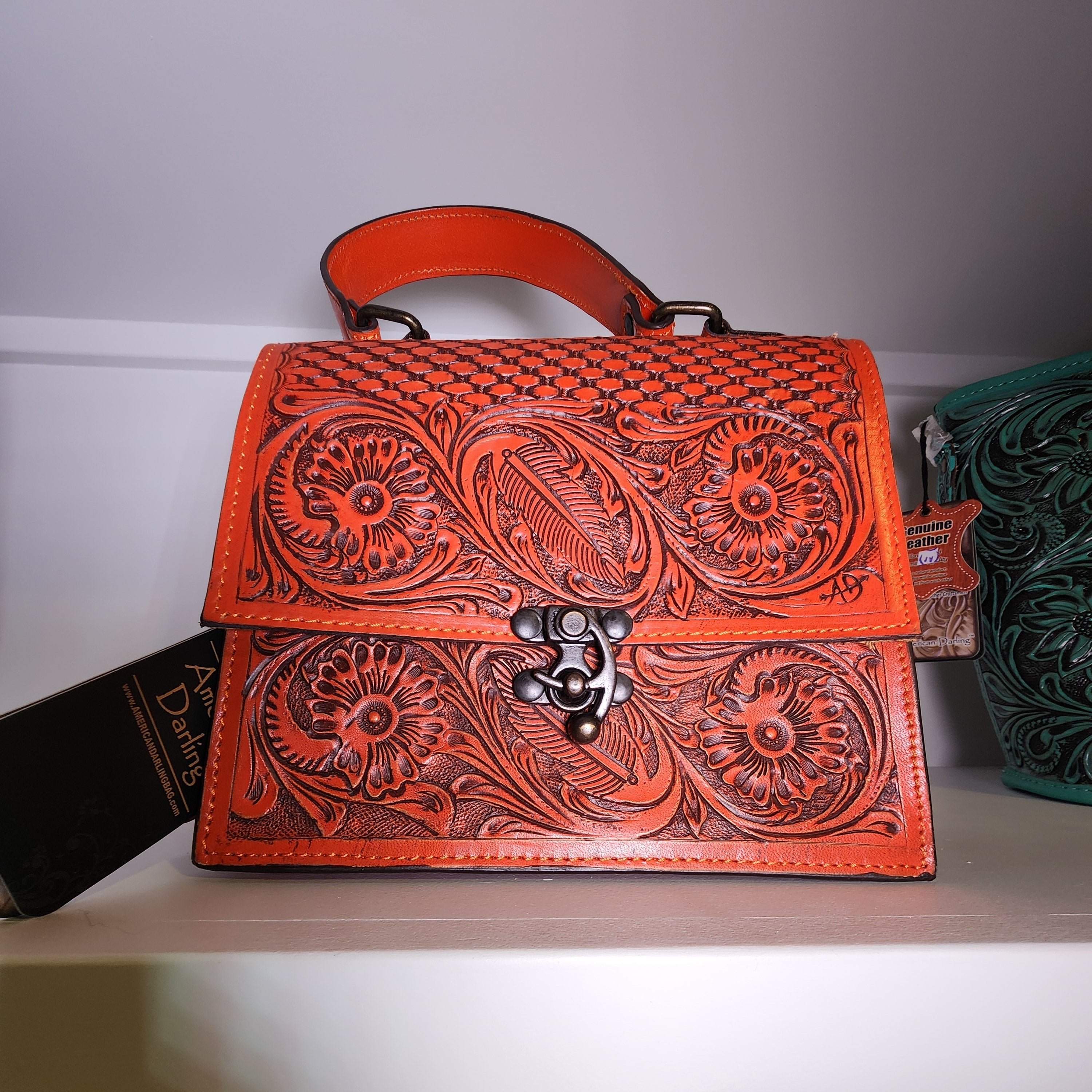 American Darling Western Orange Tooled Leather Tote With Crossbody Strap