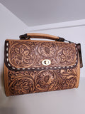 American Darling Tan Hand Tooled leather Top Handled Tote Bag With Crossbody Strap