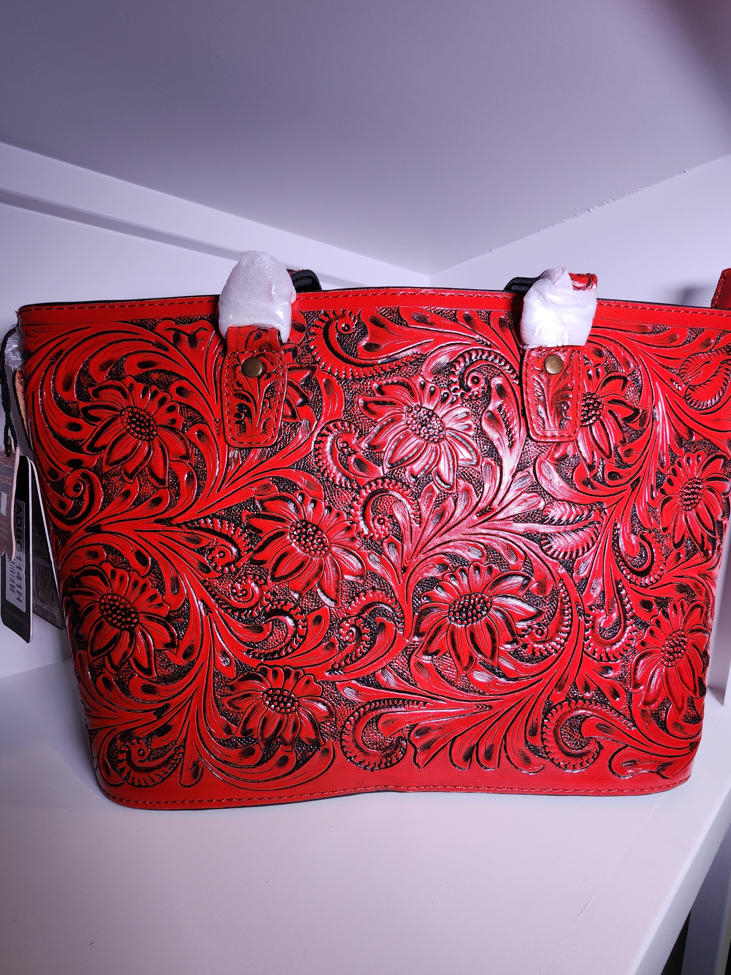 American Darling Red Floral Hand Tooled Leather Tote Bag With Long Handles and Strap