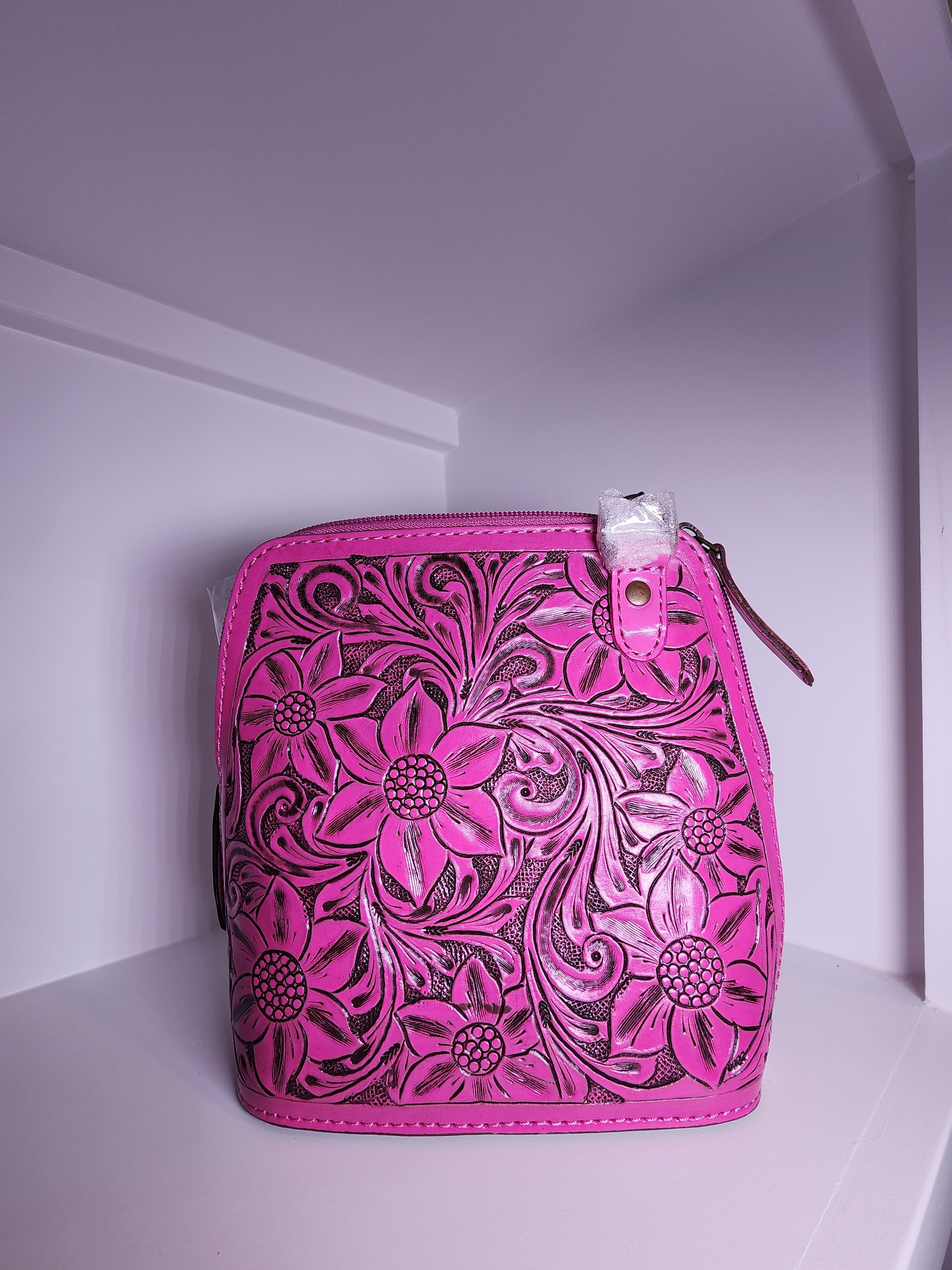 American Darling Pink Hand Tooled Floral Leather Crossbody Bag Western Purse