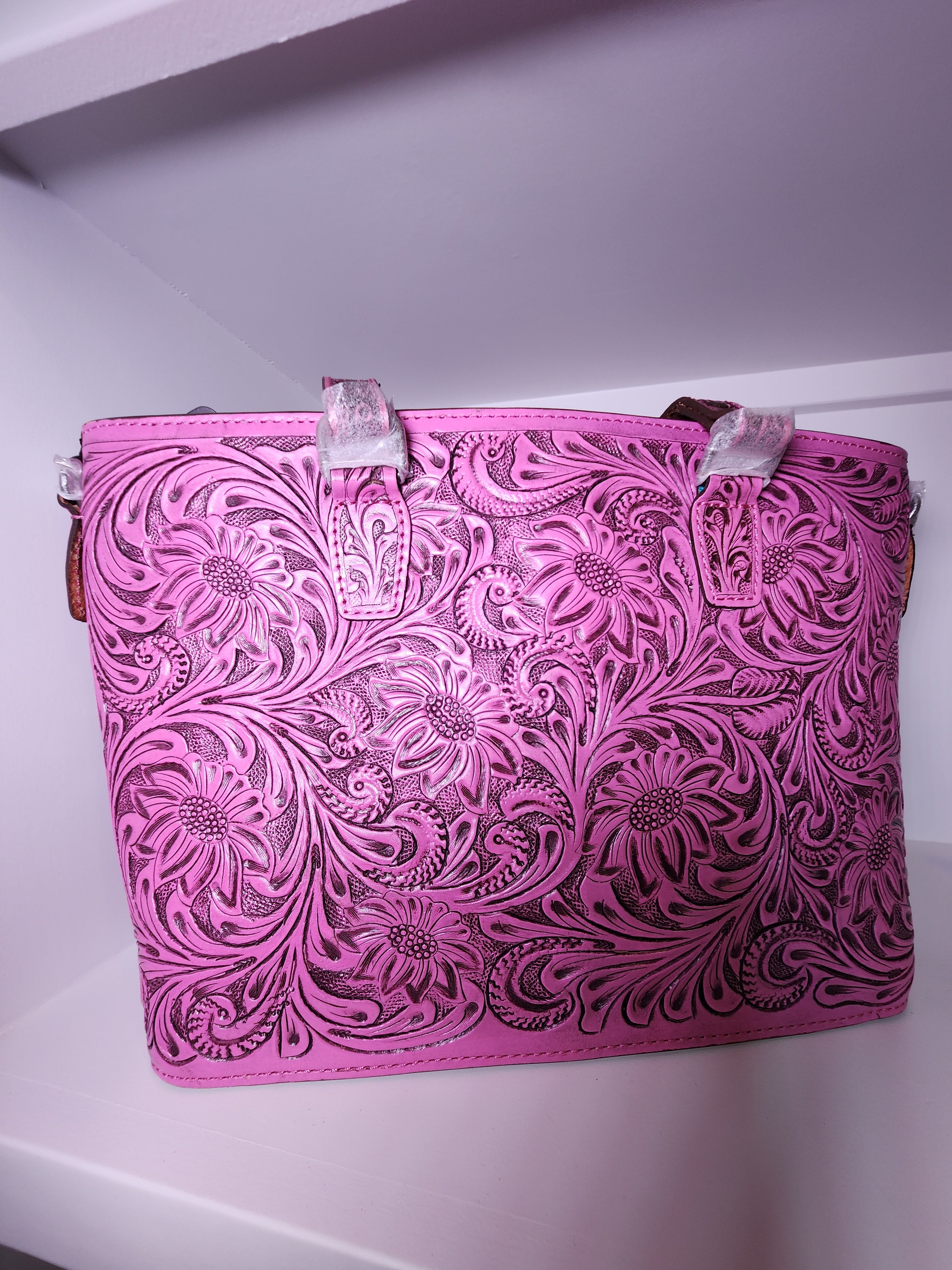 American Darling Western Pink Floral Hand Tooled Leather Tote Purse